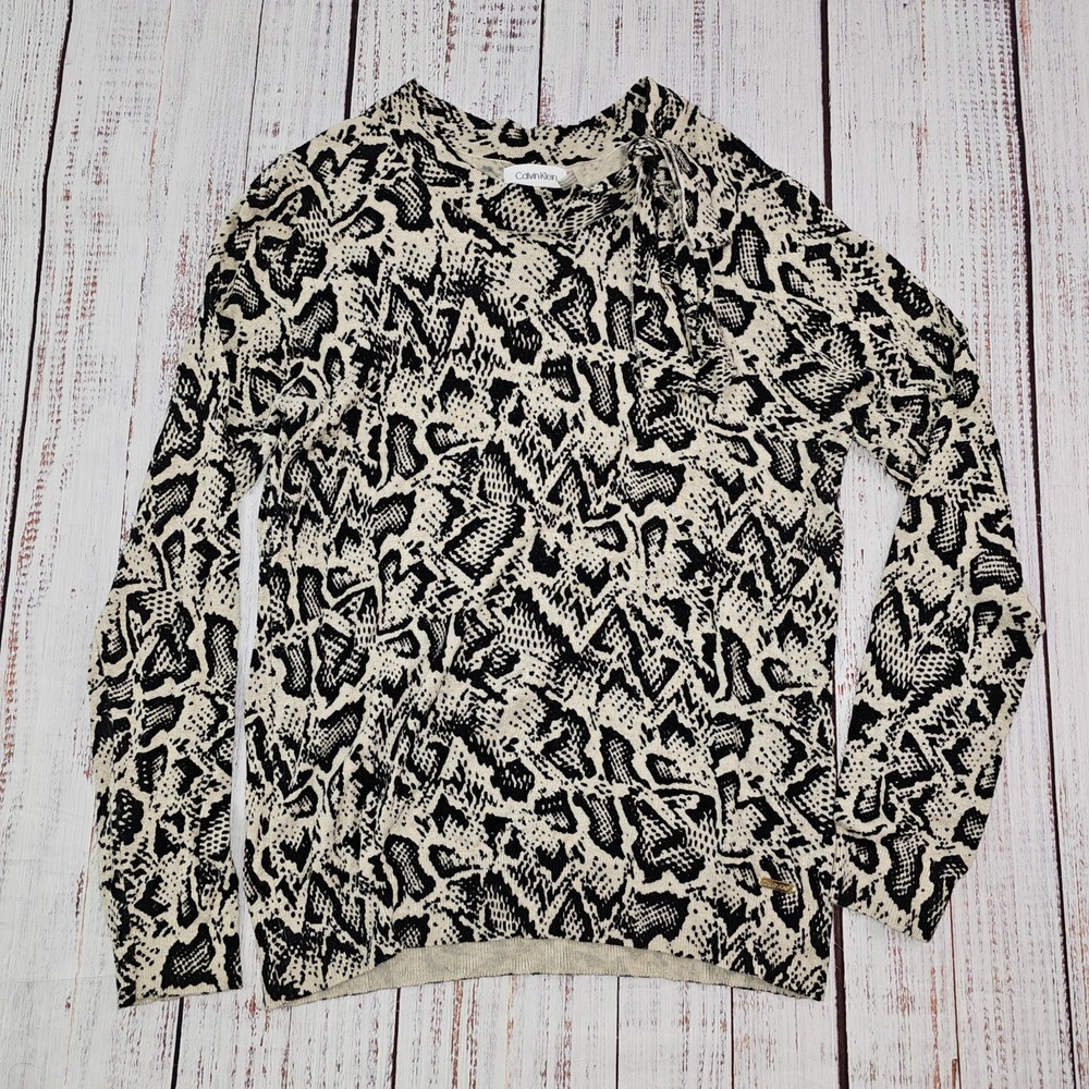 Calvin Klein Cream Black Allover Funky Print Tie Neck Pullover Sweater Women's S